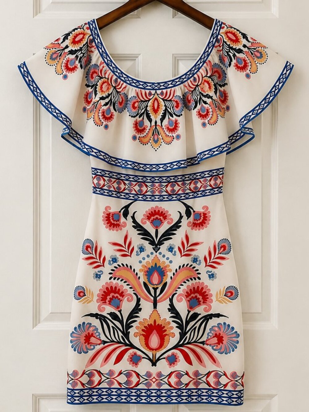Jealous Tomato Off the Shoulder Ruffle Mini Dress M Cream Boho Folk Print